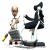Animated sequence of a bald figure in white shirt and gray pants holding yellow tool, interacting with black-clad barber chair on white background.