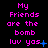 Pixelated text in pink and blue on black background with animated blue symbols changing across frames.