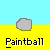 A 5x5 contact sheet of pixel art paintball-themed animated icon frames showing a character with black-and-white face, red and green outfit, and various props like rocks, cacti, covered wagons on yellow and light blue backgrounds.