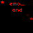 Red pixelated text 'emo...' and 'and' with scattered red stars on black background, showing animation changes in star positions across frames.