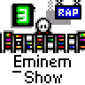 Animated contact sheet of 9 frames showing a pixel art Eminem Show icon with evolving stage and text elements, featuring green 'E' logo, blue 'RAP' banner, and red curtain backdrop.