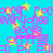 Pixelated pattern of yellow stars and pink text on cyan background with subtle color shifts.