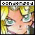 Pixelated anime-style face with blonde hair and green eyes, displayed in two side-by-side showing text changes above the image