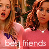 Two women in pink tops with visible text 'best friends' overlaid on the image, one with a purple design on her shirt and the other wearing a necklace.