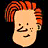 Pixelated cartoon character head with orange striped hair on black background next to green text reading "Original Icons .com" in pixel font.