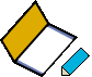 A cartoon-style document with a yellow top section and white bottom section, accompanied by a blue pencil that writes lines on the paper