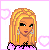 Pixel art contact sheet of a 3x3 grid showing animated frames from an AOL Instant Messenger buddy icon featuring a blonde cartoon character in pink and black attire with heart motifs.