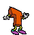 Pixelated cartoon character in multiple color variations performing a sequence of bending and arm movements against gray background.