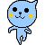 Pixelated blue cat-like figure with yellow cheeks, black eyes, and a small nose in three distinct poses against gray background.