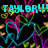 Pixelated cyan text 'TAYLOR!!!' appears over a black background with colorful heart-shaped lines and small yellow shapes.