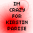 Four identical display black pixelated text reading "IM CRAZY FOR KIRSTIN PARISE" over a red and white gradient background with subtle circular patterns