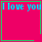 Four identical pink with green borders display "I love you" text, each contains a small symbol in the bottom-right corner