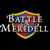 Static pixelated icon featuring a shield-shaped logo with red and blue quadrants, yellow border, and overlaid text reading "BATTLE FOR MERIDELL" in blocky white letters against black background.