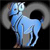 Static pixelated icon of a light blue Aries zodiac symbol with curved horns and a tail, set against a dark background with gray circular shapes.