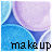 four and four shows a repeating pattern of blue and purple circular shapes with the word 'make up' in black text at the bottom left of each