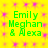 Green text "Emily Meghan & Alexa" on yellow background with pink starburst pattern, repeated in four identical quadrants.