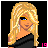 Animated contact sheet of a pixel art character with blonde hair and black crop top, showing sequential frames of movement and text-based animation.
