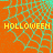 Orange background with cyan spiderweb pattern and yellow 'HOLLOOWEEH' text in pixelated font across four