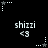 Pixelated black background with white text 'shizzi' and '<3' repeated , surrounded by white and gray star-shaped icons with dotted lines