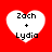 Four white heart-shaped icons with black text 'Zach + Lydia' on a red background, arranged in a