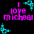 Pixelated text 'I love micheal' in purple with cyan square accents on black background, animated by shifting positions of cyan squares.