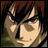 Pixelated anime-style character face with brown hair and red eyes, next to stylized text on black background.