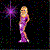 A blonde woman in a purple dress stands against a black background with colored speckles, holding a glowing star that changes color across frames.