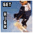 Two side-by-side animated frames of a pixelated character in motion with text overlay on blue background.