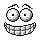 Pixelated cartoon face with large round eyes and a wide toothy grin, displayed in multiple variations across a