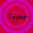 Four identical circular icons with concentric purple rings on a red background, each containing the text "Taylor" in black pixelated font.