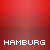 Red gradient background with white pixelated text reading HAMBURG at the bottom.