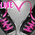 Animated icon with pink heart outline and text changes across frames showing LOVE, MY, CONVERSE in pixelated font.