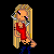 Pixel art of a blonde woman in red top and blue pants holding a microphone, split against black and red backgrounds with text elements.