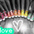 Animated icon shows a person's lower body with rainbow-striped socks, silver shoes, and gray pants; heart symbol on back of pants; multiple 'love' text overlays in different colors.