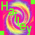 Animated pattern of green stars and swirling rainbow spirals with repeated 'Hayley' text on a pink background.
