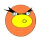 Orange circular character with yellow oval face, black eyebrows, and blue eyes showing sequential mouth expressions from open to closed.