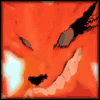 Animated orange fox face with black eyes and white cheek markings, showing sequential mouth movements