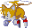Pixelated character with yellow hair and brown highlights, white face, black eyes, red accents on limbs, blue hands, static background.