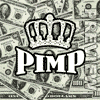 Static image of repeated 'PIMP' text with crown symbols above, set against a background of overlapping dollar bills.