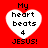 Red background with four white heart-shaped icons containing black text reading "My heart beats 4 JESUS!" arranged in a two-by-two