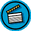 Two circular blue icons with black borders show a clapperboard; left icon has open top, right shows closed top with yellow motion lines.
