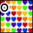 rainbow-colored heart shapes with a black circular target icon, large 'M', and 'G' letters on white background