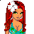 Pixel art contact sheet showing multiple frames of a red-haired female character in turquoise swimwear with floral patterns, holding a matching handbag and wearing blue sandals against a beach background.