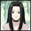 Anime-style character with long black hair and a choker, shown in three sequential expressions against a blurred forest background.