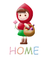 Animated buddy icon featuring a cartoon character in red hooded cloak holding flower and basket with 'HOME' text below, two frames showing walking motion.