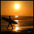 A pixelated sunset scene with a surfer silhouette holding a board, next to orange text reading 'SURF TILL THE SUN SETS' on black background.
