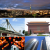 A static collage of four distinct landscape and architectural scenes arranged in a 2x2 grid, each with unique color palettes and subject matter.