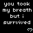 Pixelated text repeats 'you took my breath but i survived' with small heart symbols on a black background, partially overlaid by a gray rectangle.