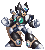 Pixelated character in dynamic pose with clenched fists, green chest emblem, and brown shoulder accents on gray background.