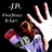 Pixelated character with raised hand and glowing effect, featuring text 'LR' above stylized words on black background.
